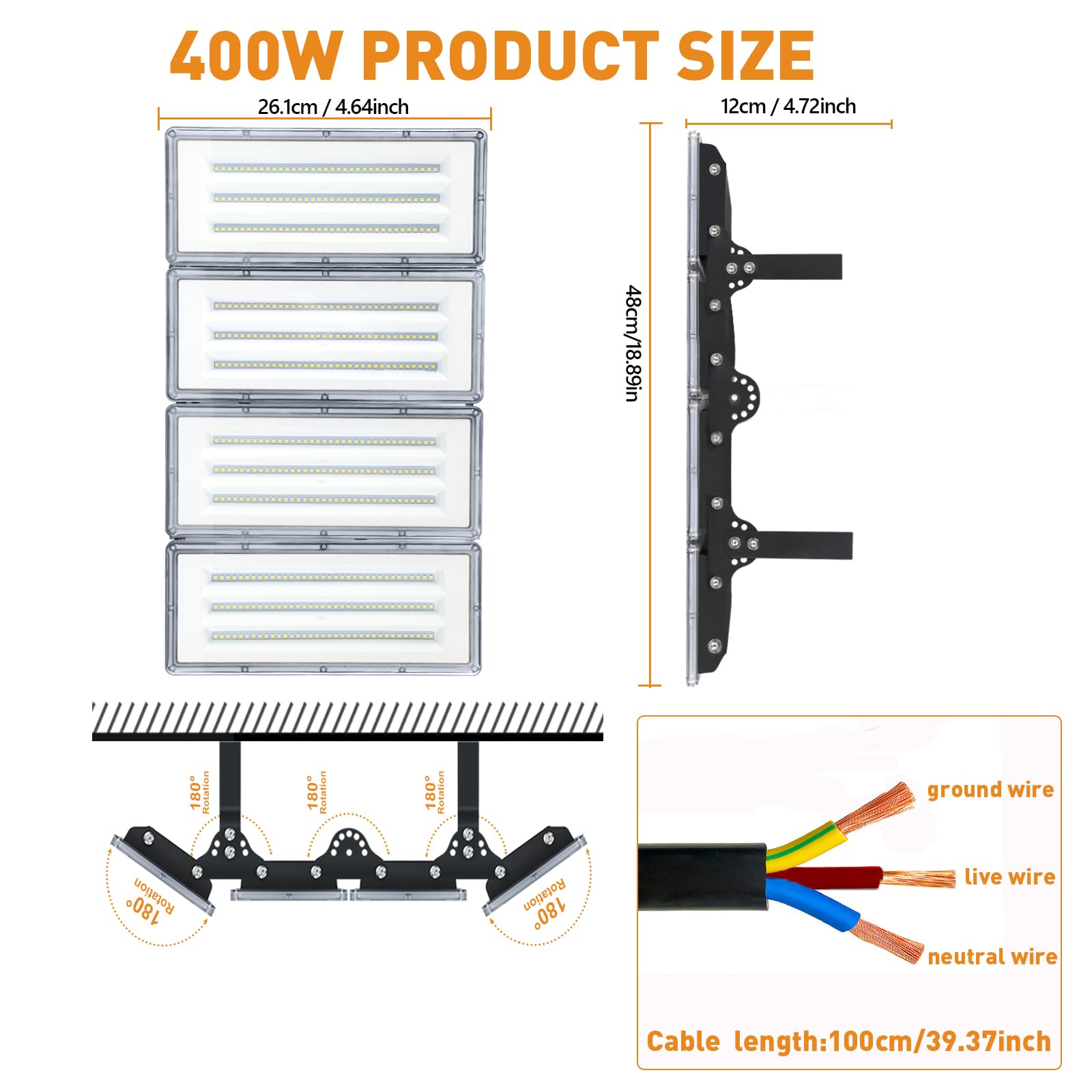 Foco LED Exterior 400W 40000LM Potente Proyector Con Ángulo de Haz Amplio, IP67 Impermeable Floodlight Blanco Frío 6500K Para Jardín, Patio, Arena, Pista