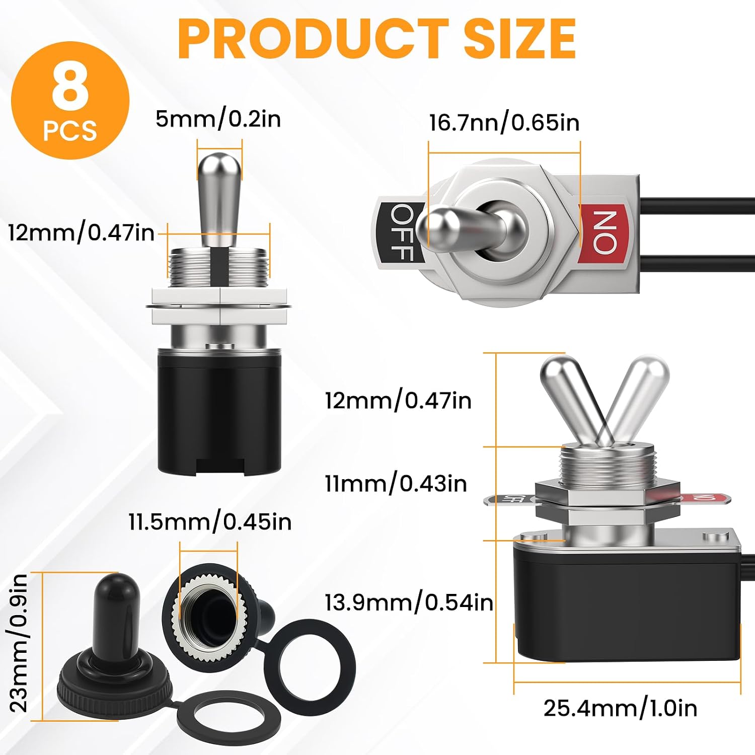 8 Pcs Heavy Duty Toggle Switch with 5.1" Cable, 6A/125V 3A/250V SPST 2 Pin ON/Off Metal Toggle Switch with Waterproof Boot Cap Cover for Car Truck Boat Marine