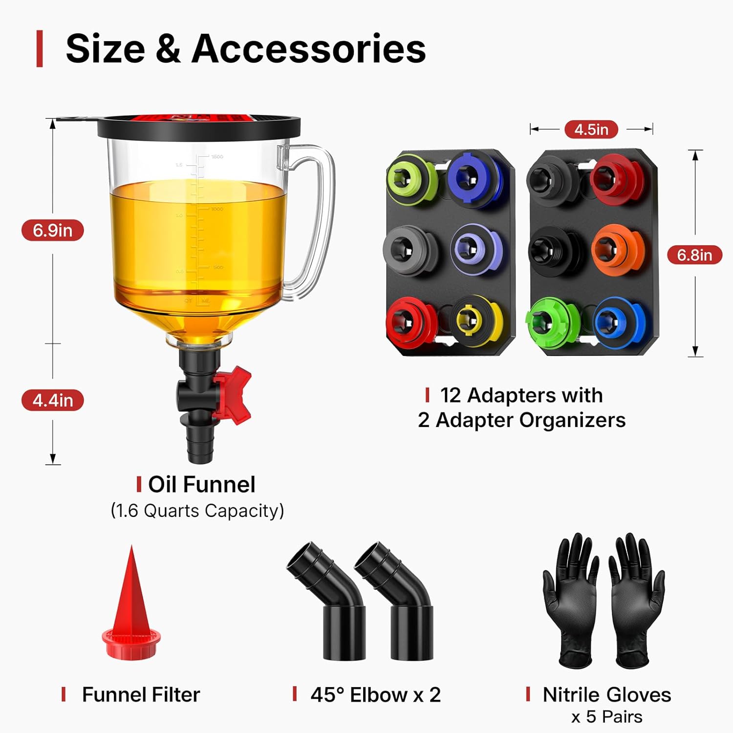 LOYAMAT 19-Piece No Spill Engine Oil Funnel Kit | 1.6QT Oil Change Kit w/ 12 Adapters, 2 Magnetic Trays, 45° Elbows, Arrow Filter & Gloves | Transparent Body w/Scale & Shut-Off Valve | Universal Fit