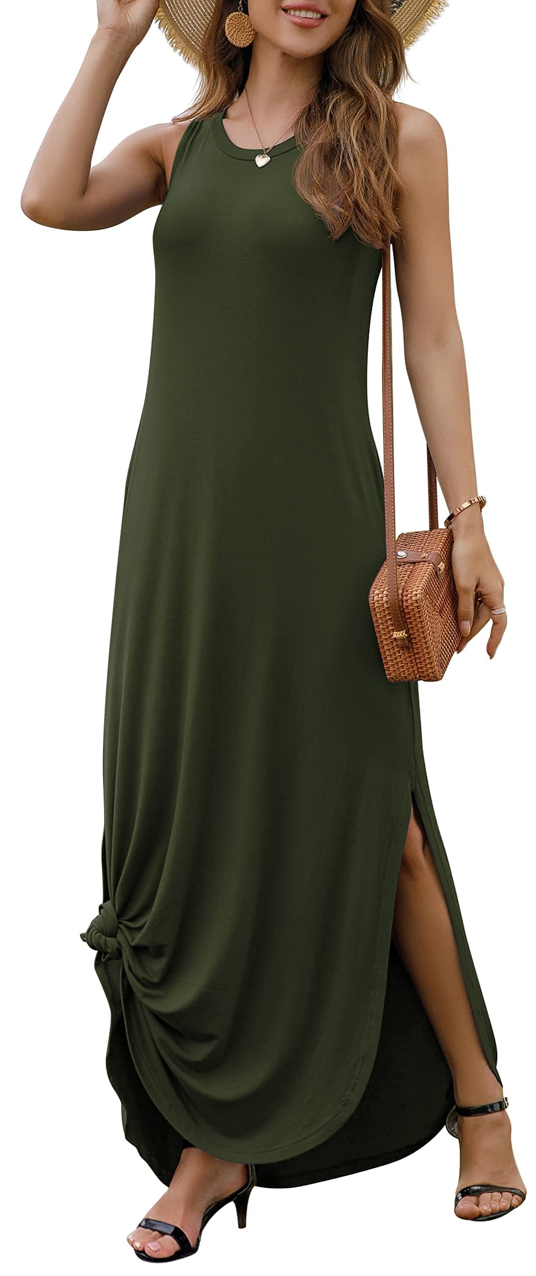 GRECERELLEWomen's Summer Sleeveless Casual Long Dresses Split Maxi Dress with Pockets