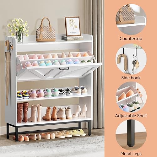 Miniatura 3 de Armario de zapatos, organizador de zapatos con cajón abatible y 2 estantes de almacenamiento abiertos, armario estrecho independiente para zapatos,