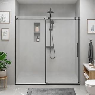 68-72" W x 76" H Stainless Steel Round Tube Frameless Sliding Shower Door | 10mm Clear Tempered Glass | Matte Black Finish | Reversible Installation