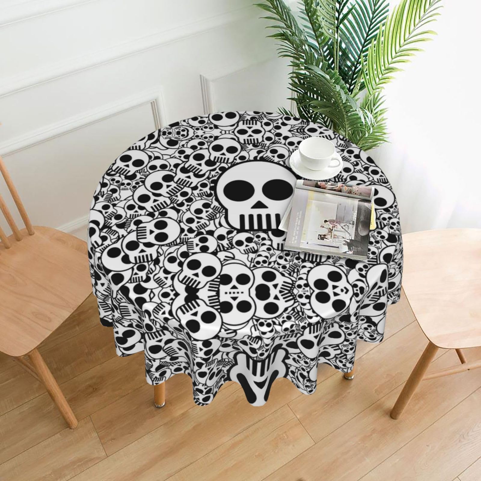 YYHWHJDE Black and white skulls Prints Round Decorative Tablecloth 60in – Elevate Your Dining Experience with This Stunning Table Throw for Parties & Everyday Use
