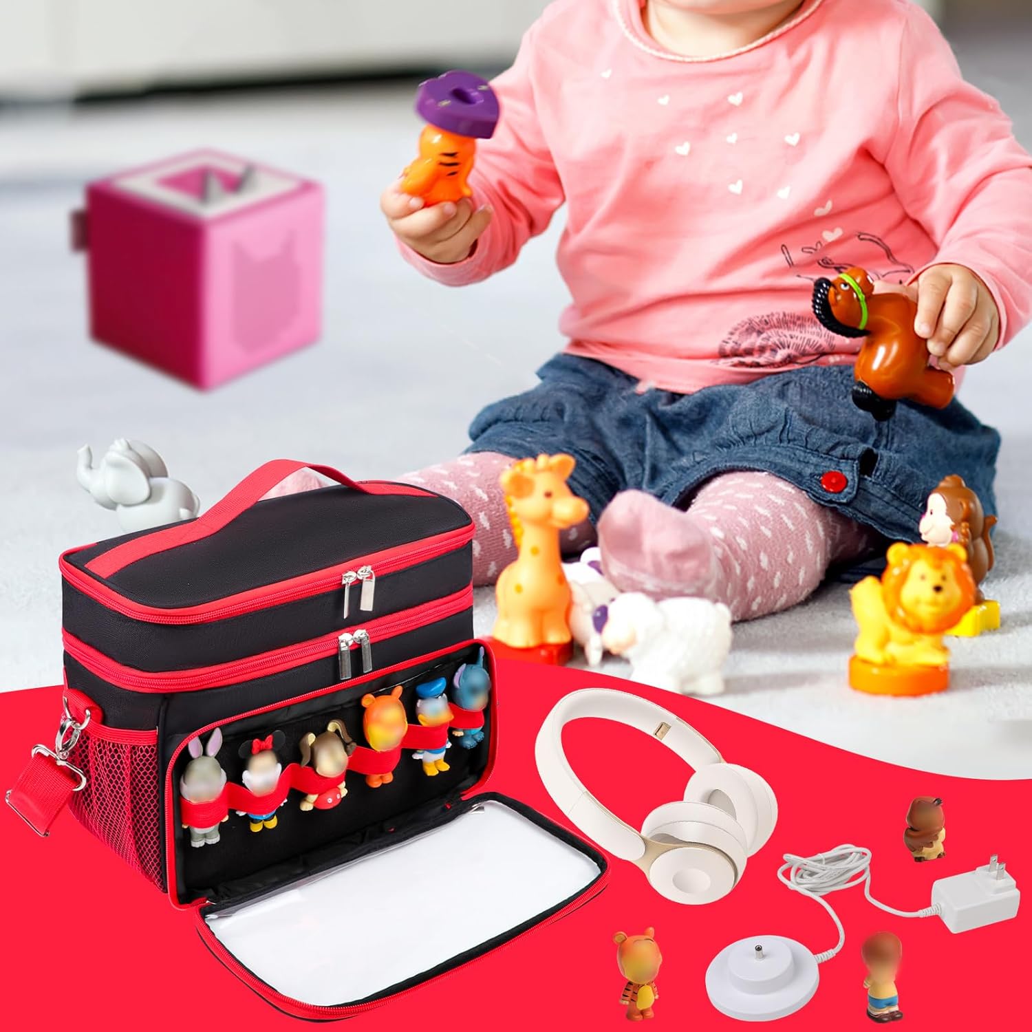 Carrying Case Compatible with Toniebox Starter Set, Double Layer Storage Bag for Tonies Figures Characters, Portable Travel Organizer Case with Shoulder Strap for Tonies Box Headphones (Black) - Image 8