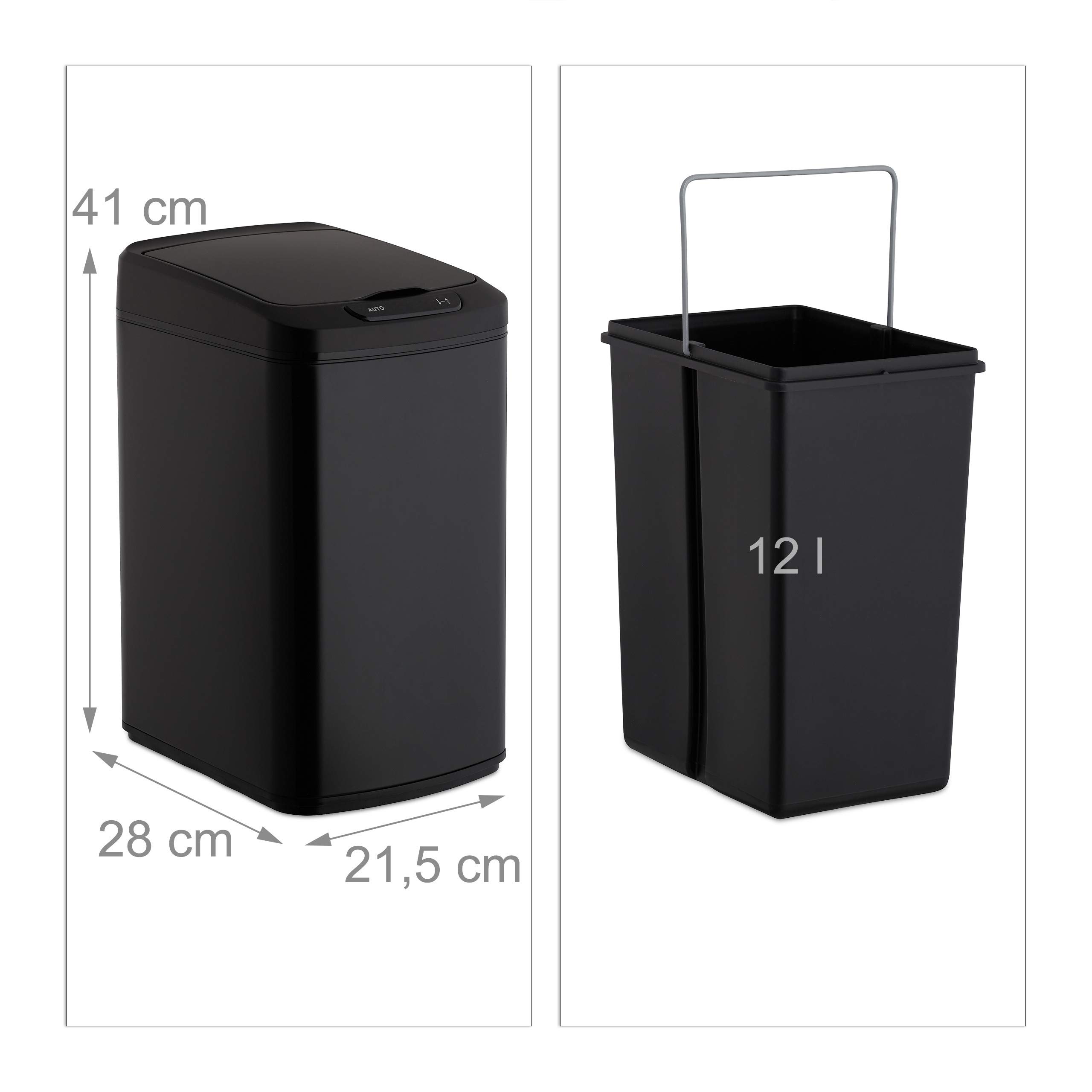 Relaxdays Cubo de Basura, Sensor de Apertura, Contenedor Rectangular, para baño & Cocina, 12 L, 1 Ud., Negro