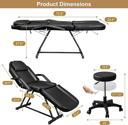 Miniatura 2 de Cama de belleza, mesa de masaje ajustable de 3 secciones para tatuaje, cama de salón con taburete hidráulico giratorio de 360 grados, cama de masaje