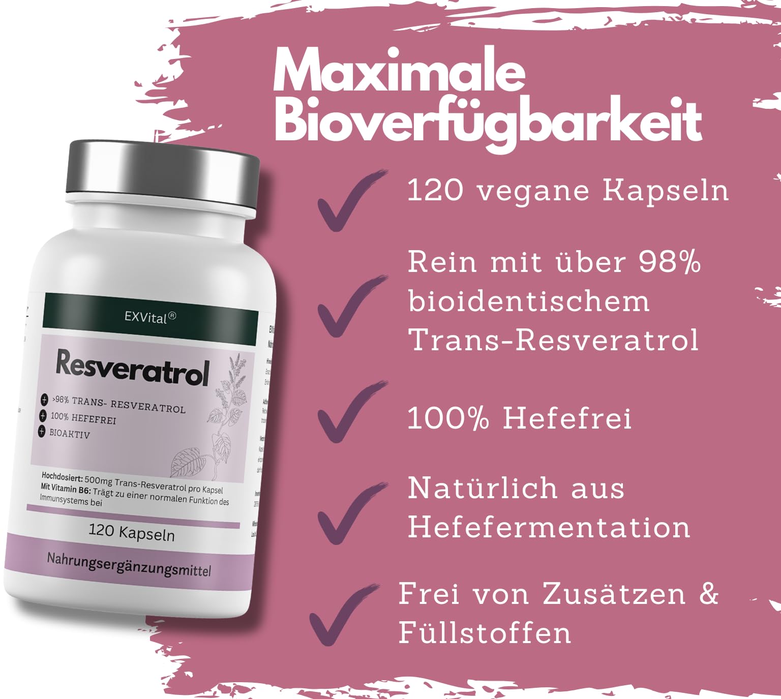 EXVital® Resveratrol Kapseln, 98% Trans-Resveratrol, 500mg pro Kapsel, 120 vegane Kapseln, vegan & ohne Zusätze, laborgeprüft