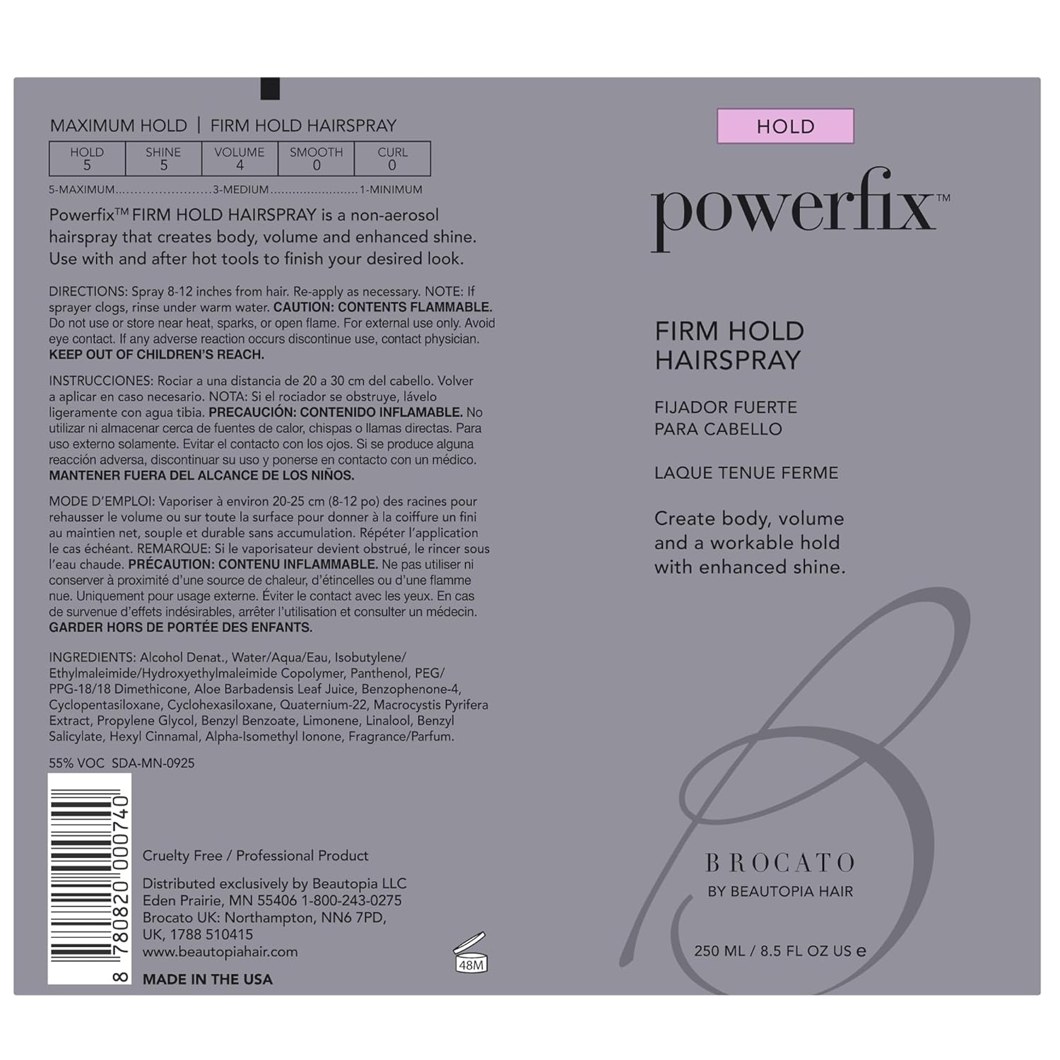 Brocato Powerfix Firm Hold Hairspray, 8.5 Oz | Volumizing Hairspray Adds Texture & Locks in Curls without Flaking or Buildup | Texturizing Hair Spray Product Add Shine & Volume for Sexy Hairstyles