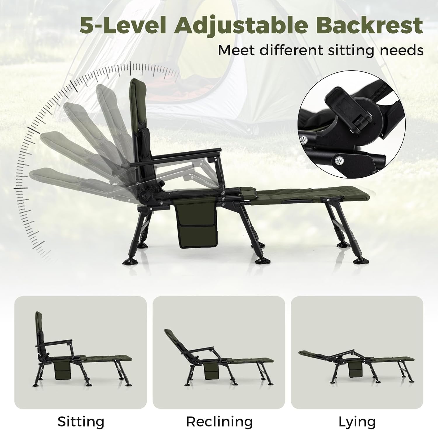 GYMAX Foldable Fishing Chair, Heavy Duty All-Terrain Camping Chair, Detachable Footrest, 180° Adjustable Padded High-Back, Portable Recliner for Outdoor (Detachable Footrest)