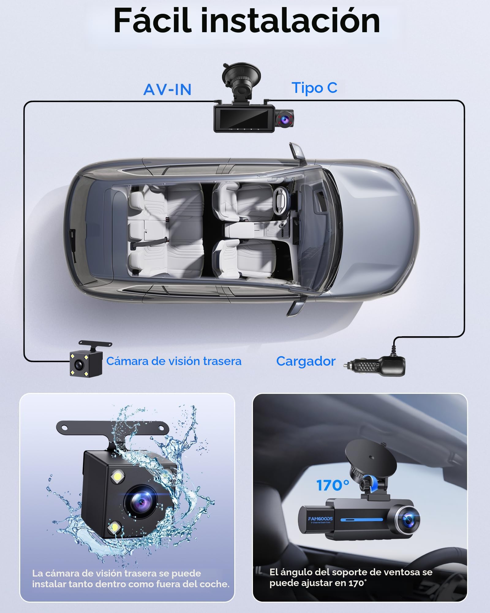 Famgoods Dashcam Frontal 4K, Retro, Interior, Pantalla IPS de 3.16", Tarjeta Gratuita de 64GB, Dash CAM Camara Coche WiFi inalámbrico de 5GHz, App, Super Visión Nocturna, Sensor G, Grabación en Bucle