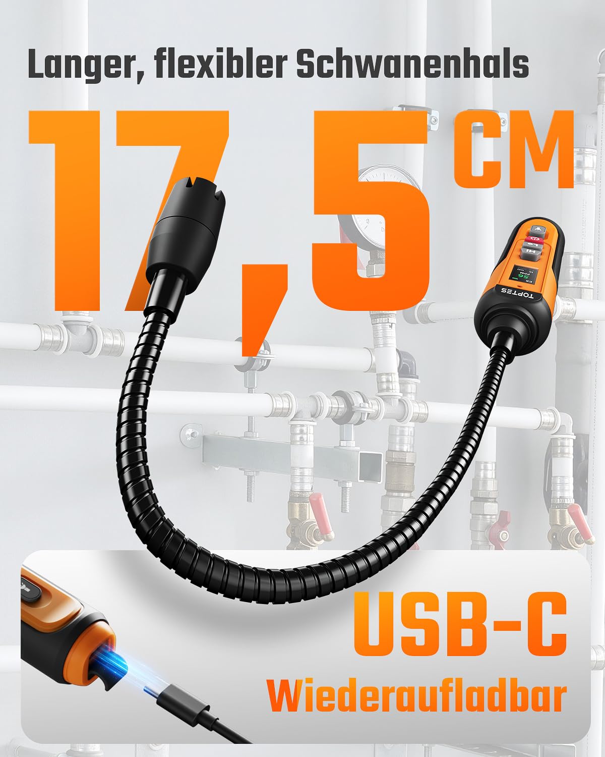 TOPTES PT-336Pro Wiederaufladbarer Gasdetektor, 17,5 cm Flexibler Hals