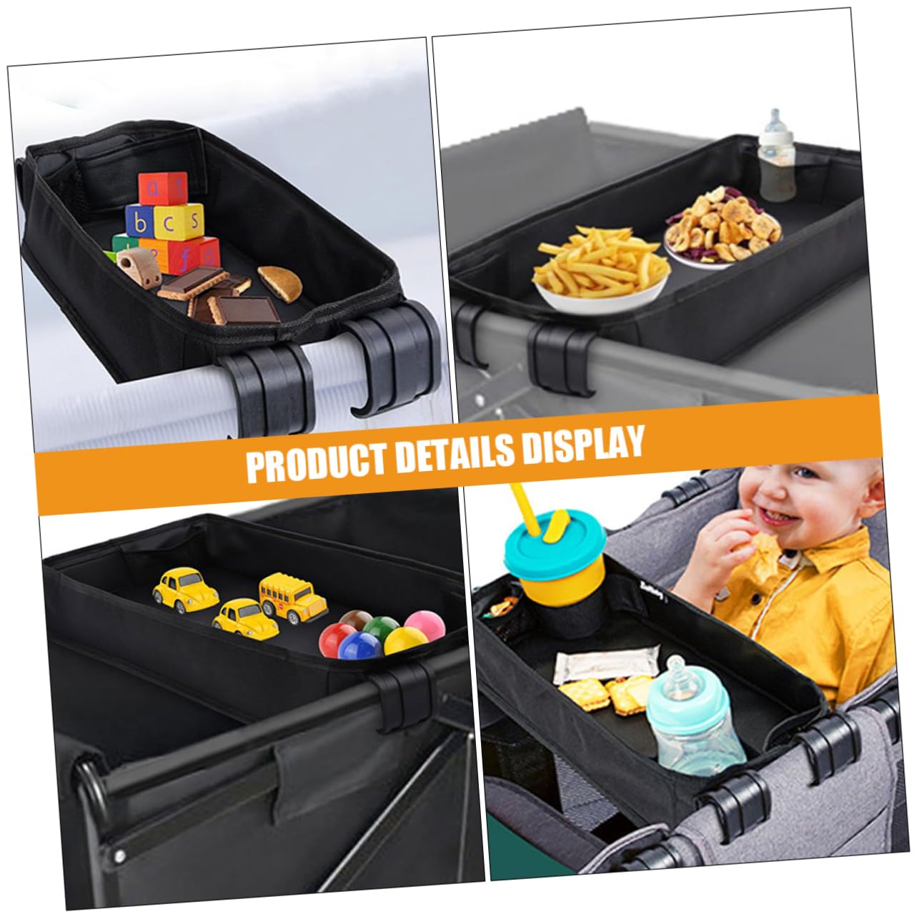 Plateau à Goûter pour Poussette, Accessoire Noir en Toile, Clipsable