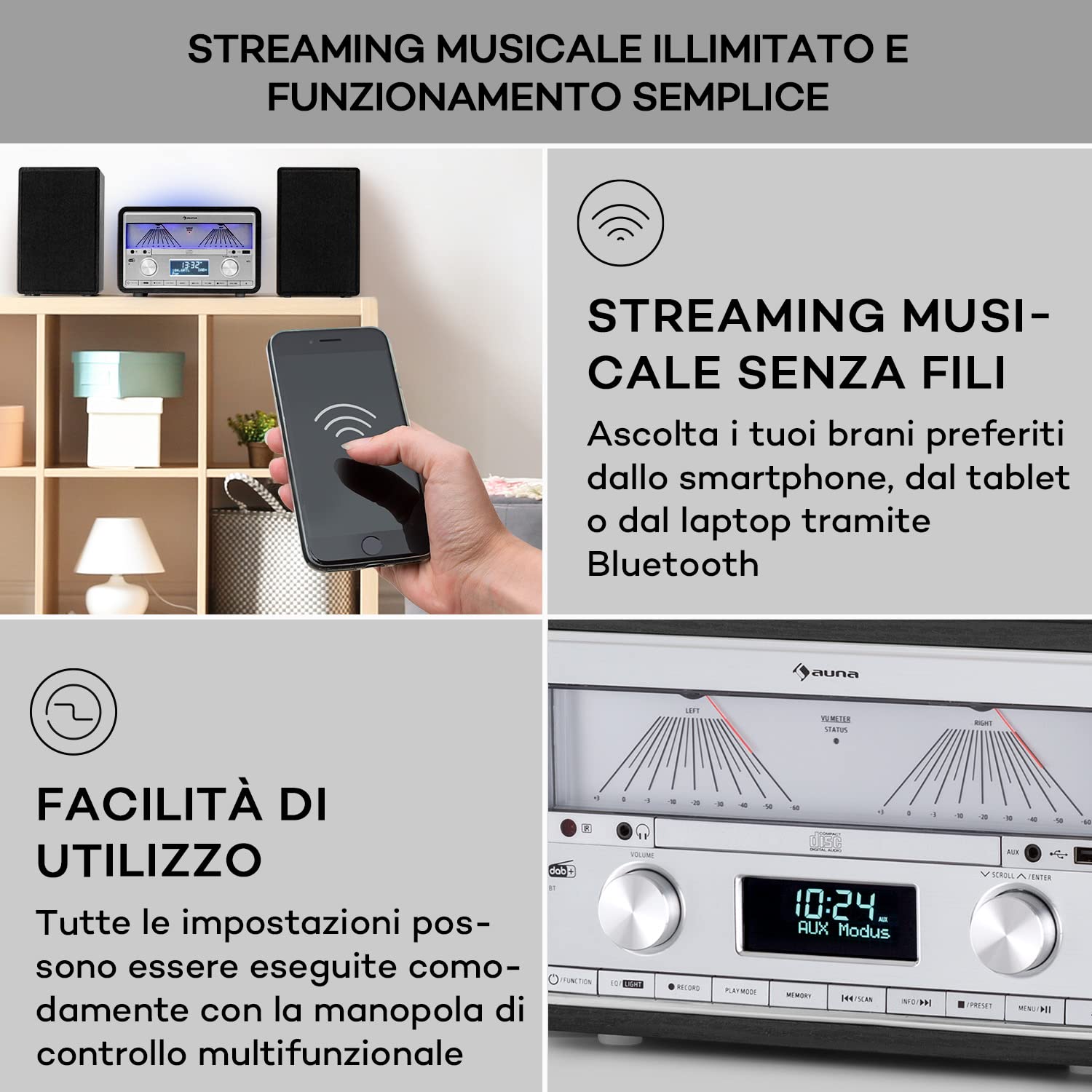 Auna Radio DAB/DAB+ Portatile Digitale con Bluetooth e Lettore CD, Sistema Stereo AUX e MP3, Micro Stereo Rimovibile da 25W, Display LCD, USB, Streaming