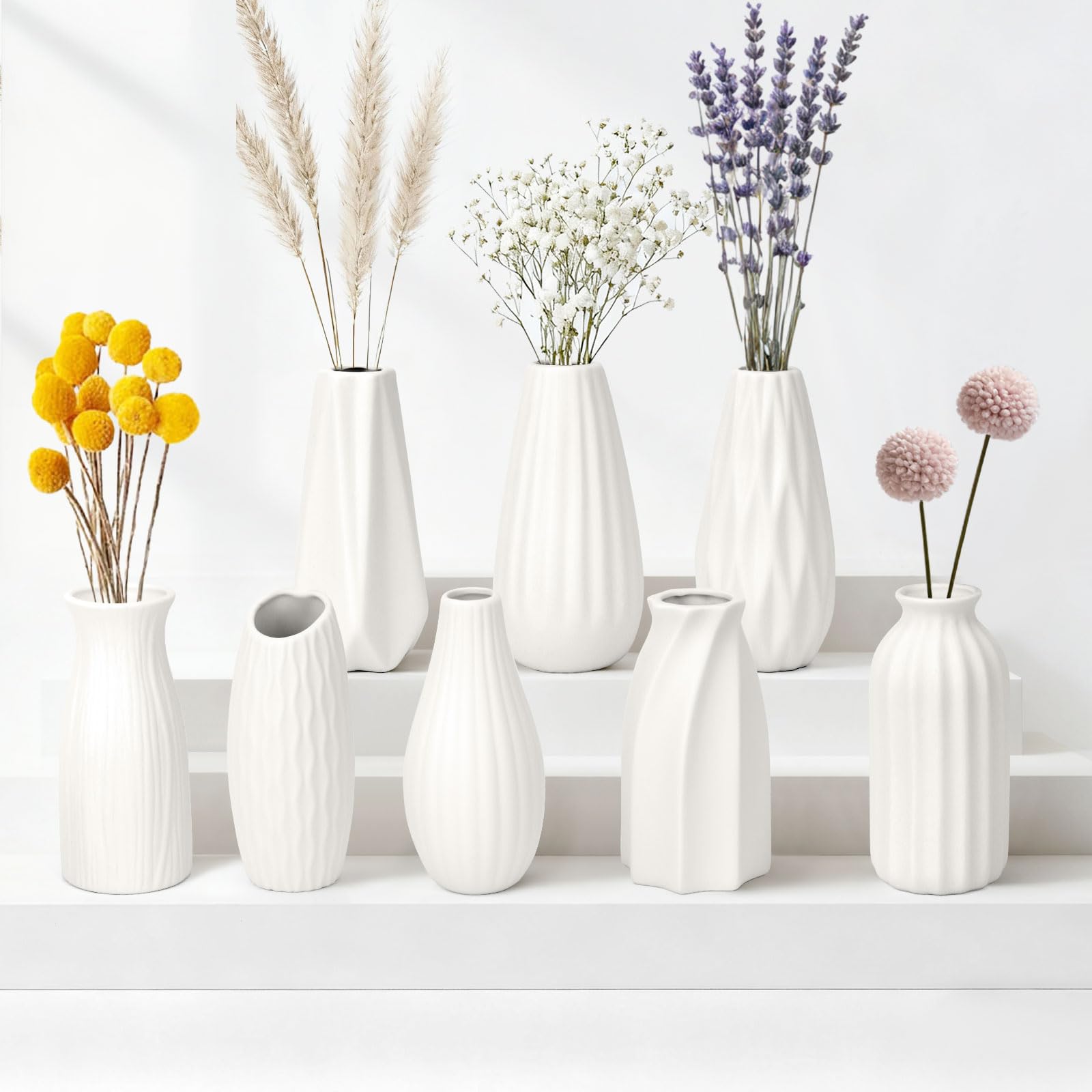 JBER Zestaw dekoracyjny z 8 małych wazonów, 13 cm, biały wazon na kwiaty, matowy ceramiczny wazon na trawę pampas, kwiaty suszone, nowoczesny boho, skandynawska dekoracja wnętrz, do stołu domowego i