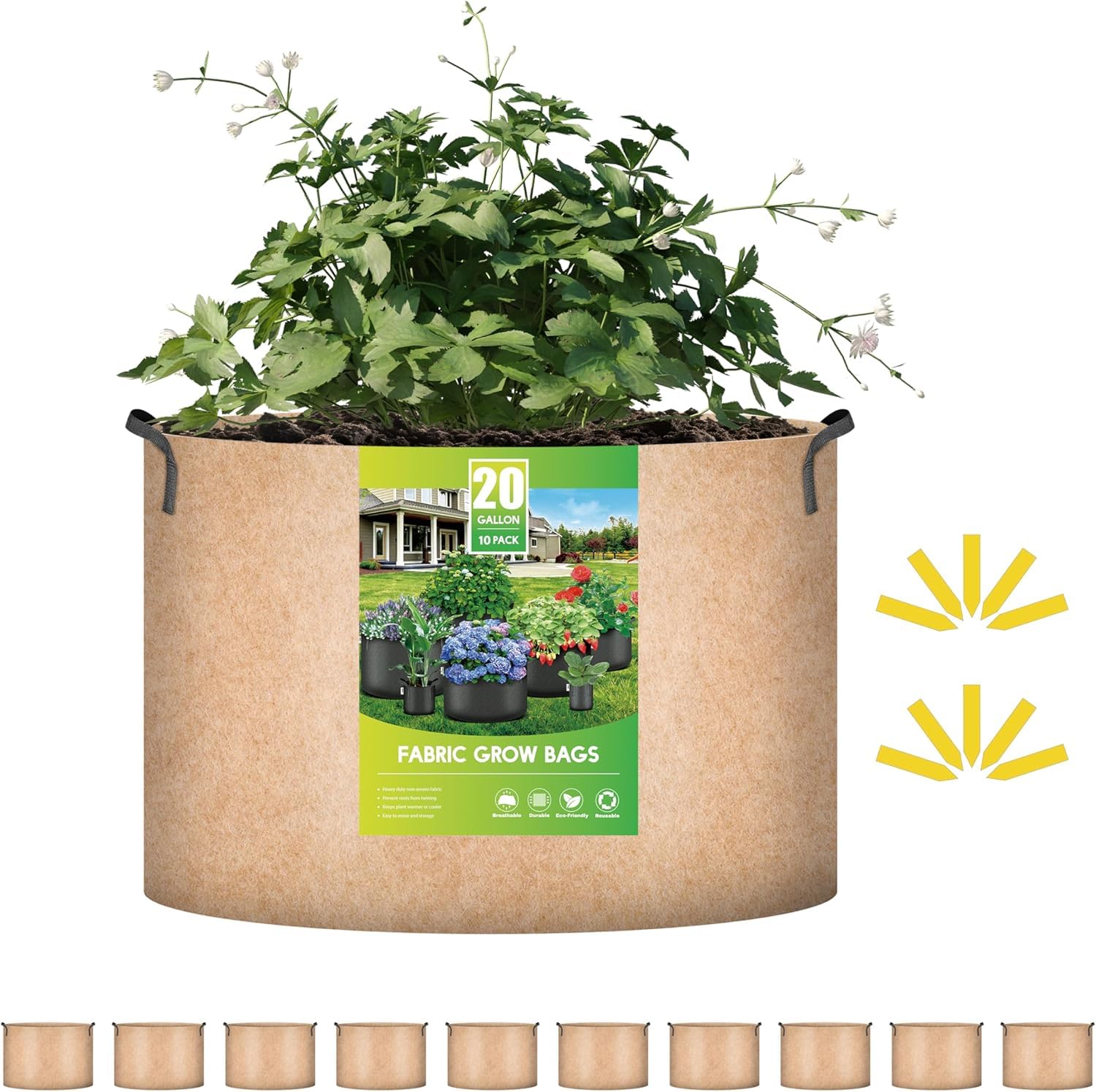 iPower Lot de 10 Sacs de Plantation en Tissu Non tissé pour Pots de Ventilation avec Sangles poignées pour Jardin et Plantes, 20 gallons