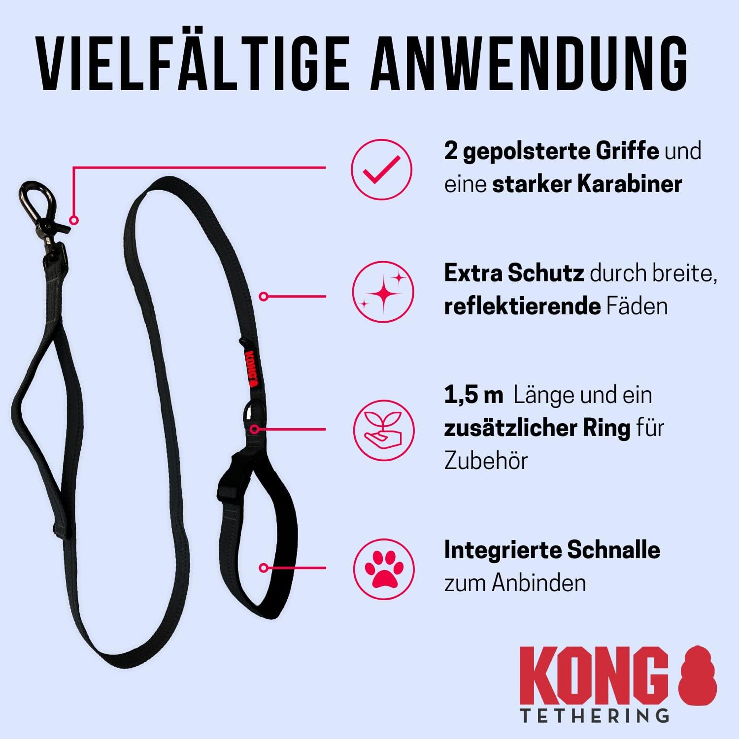 KONG Dog Leash 1.5 m Length for Medium Dogs up to 30 kg, Size M, Traffic Safety Leash, Reflective Leash with 2 Padded Straps and Heavy Duty Carabiner