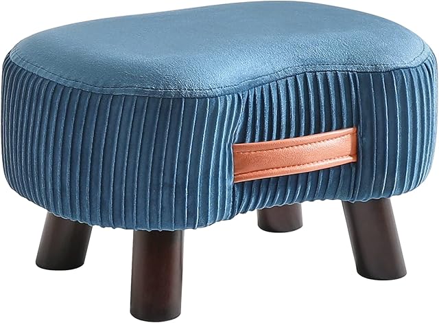 YMYNY Wooden Pouf Ottoman, Small Curved Footstool with Handle, Sofa Stool with Soft Seat Cushion, for Bedroom, Living Room, Children's Room, 40 × 28 × 23 CM, Navy Blue HBD021Q