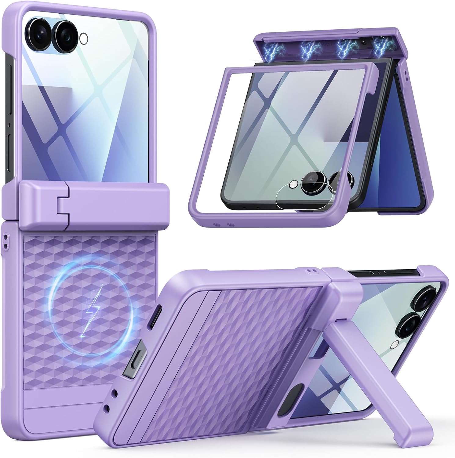 Magnetic for Samsung Galaxy Z Flip 7 Case Fit for MagSafe [Built-in Tempered Screen Protector][Hinge Protection][Kickstand] Military Grade Full Body Cover for Galaxy Z Flip 7,Purple