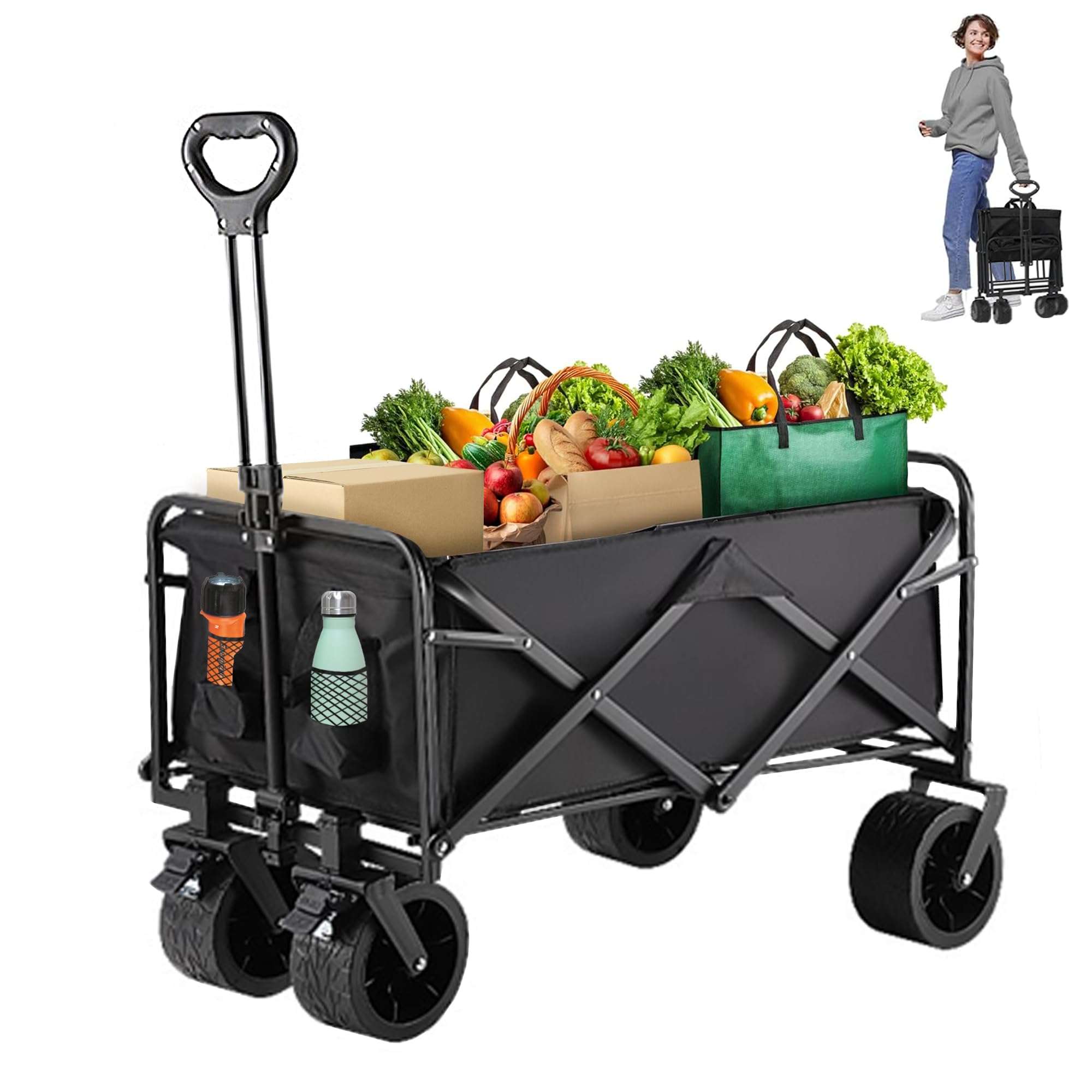 Carrito Transporte Multiusos XXL Carro Plegable Todoterreno para Playa Jardín Camping Compras Mango Telescópico Ajustable Tela Resistente e Impermeable Estructura metálica. Carretilla Carga Máx 150KG