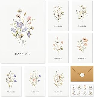 Thank You Cards with Envelopes - 32 Pack Wildflower Blank Cards With Adhesive Envelopes & Matching Stickers Perfect for We...
