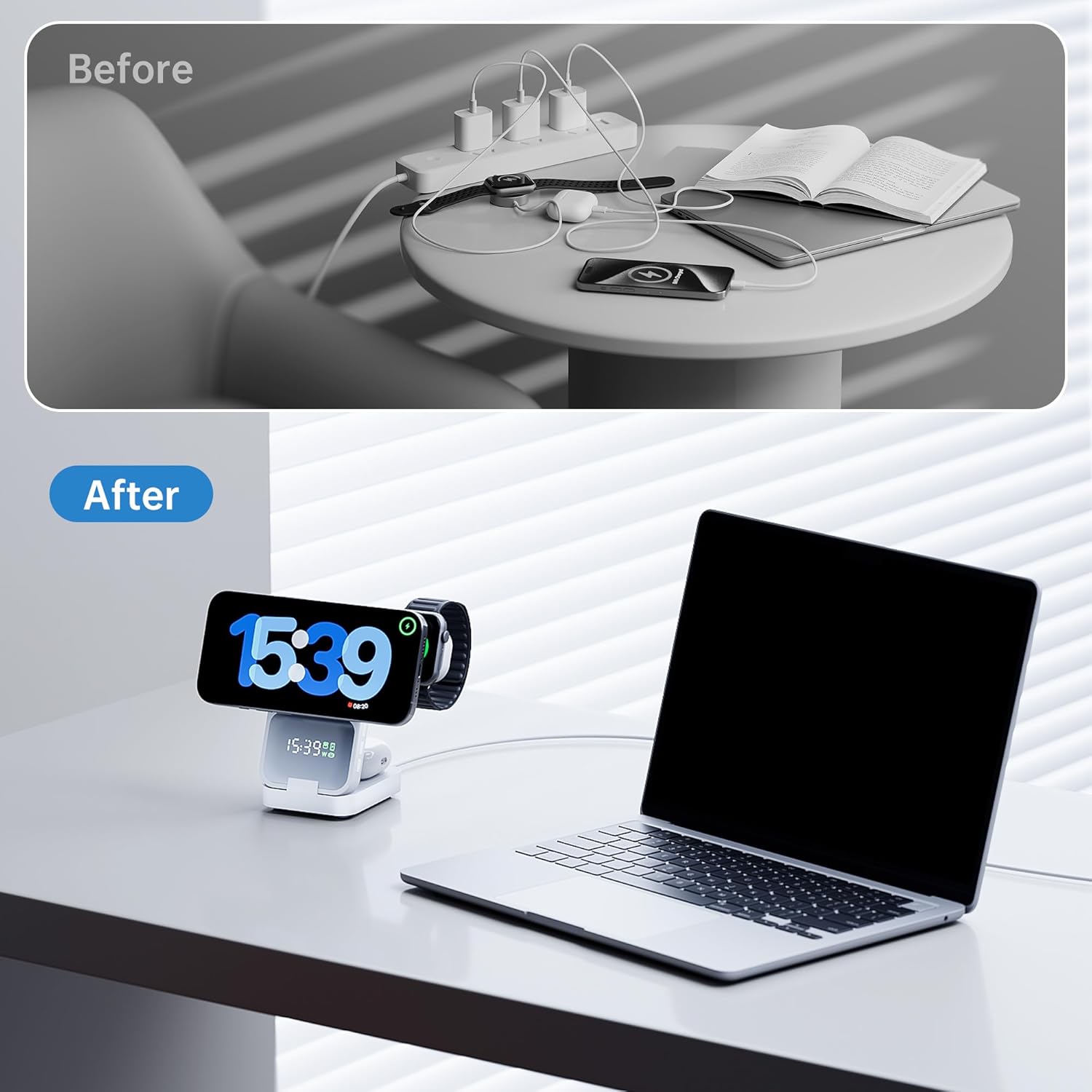 GUSGU 3-in-1 Charging Station for MagSafe Wireless Charger Clock, LED Screen with Power Display, 15W Fast Charging, Compatible with iPhone 17/Air/16/15, iWatch Ultra 3, AirPods Pro 3, White - Image 8