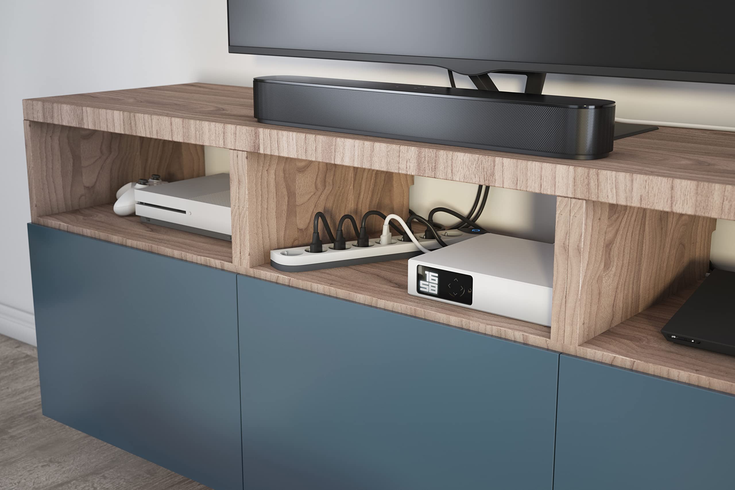 LEGRAND - Regleta para Espacio de televisión, 4 Tomas con Tierra + 4 Tomas sin Tierra + Carcasa para Cables + Collar autoagarrante, con pararrayos + Interruptor, Cable de 2 m, diseño Premio, Color