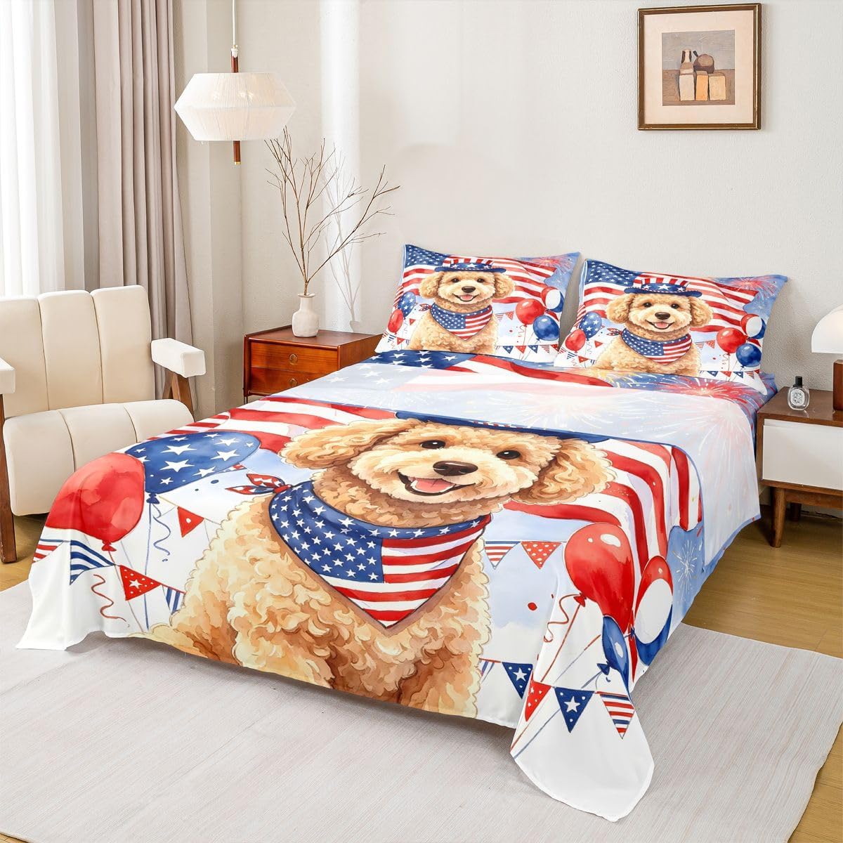 Erosebridal Poodle Bed Sheets Set Patriotic Dog Queen Sheet Set for Toddler Boys,4th of July American Flag Flat Sheet