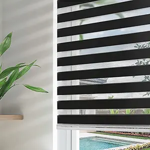 Joydeco Cordless Zebra Blinds for Windows, Dual Layer Free-Stop Zebra Shades Privacy Light Control for Day and Night, Light Filtering Sheer Blinds for Indoor Windows, Home (Black, 52" x 75" H)