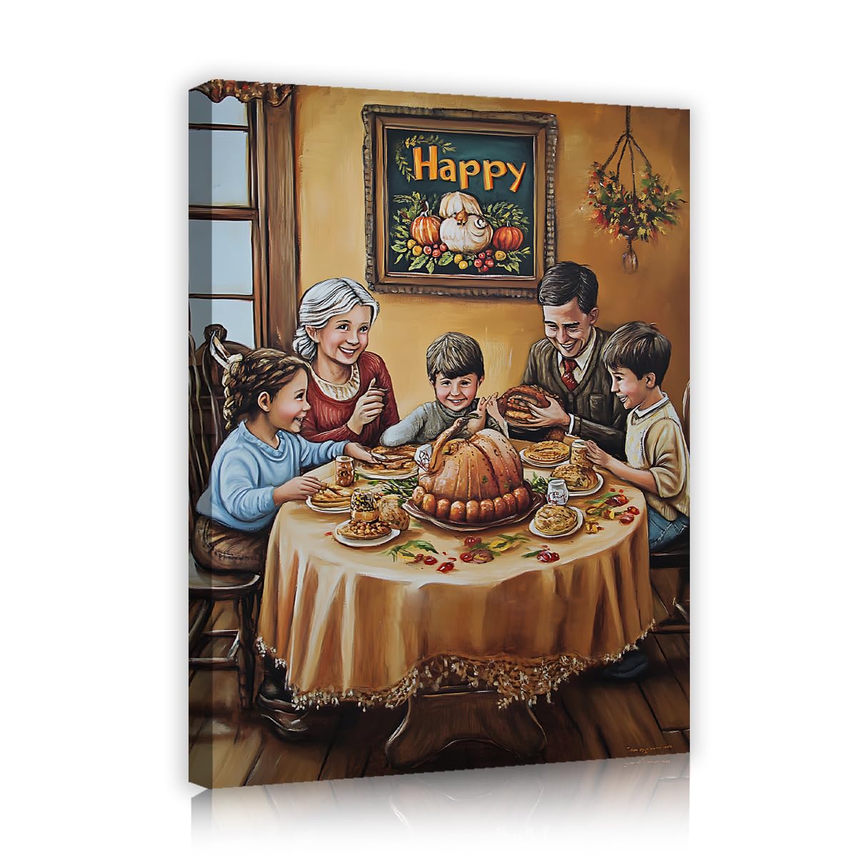 TOANGWALL Thanksgiving Family Dinner Canvas Wall Art Roasted Turkey Gathering Feast Retro Oil Painting Style Print Festive Holiday Mural Pictures for Dining Room Kitchen Restaurant Decor 40x50cm