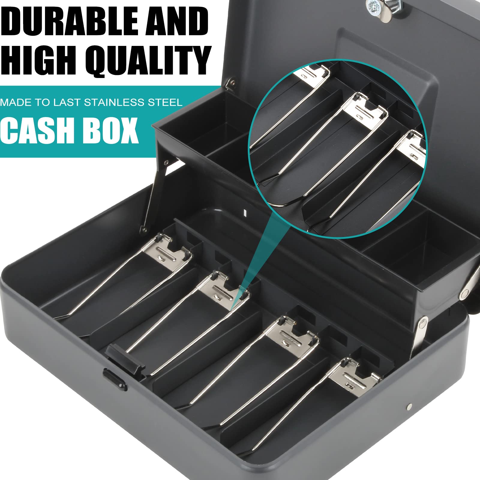 Polspag Cash Box with Lock and 2 Keys, Metal Money Box with Cash Tray, Lock Safe Box, 4 Bill/5 Coin Slots, 11.8L x 9.5W x 3.5H Inches (Top Key-Grey)