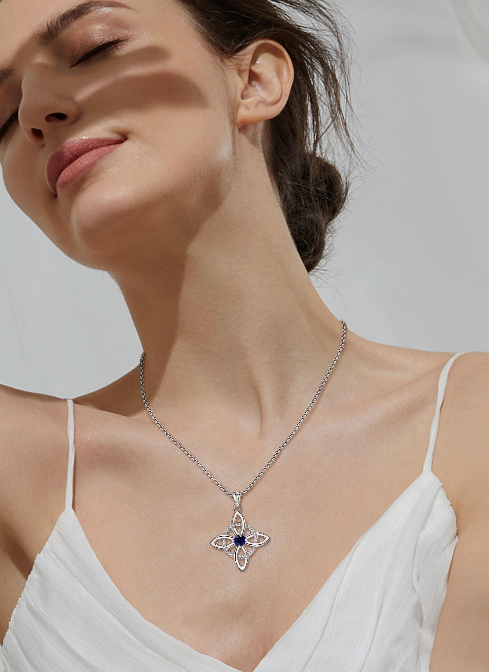 AEONSLOVE Collier Nœud de Sorcière Argent 925 pour Femme Fille, Collier Nœud Wiccan avec Pierre de Naissance Pendentif Celtique Chance Bijoux Charme de Sorcière