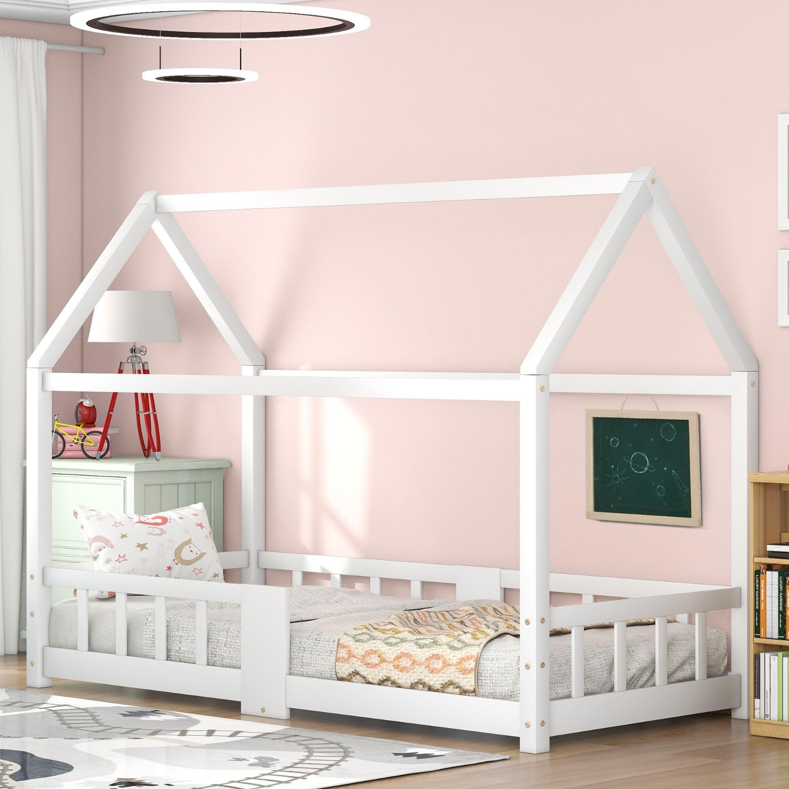 KOMHTOM Simple Lit de Maison avec Protection Anti-Chute, Lit de Jeune avec Sommier à Lattes en Bois, Cadre de lit, Minimaliste(sans Matelas) (Blanc-A, 90 x 200CM)