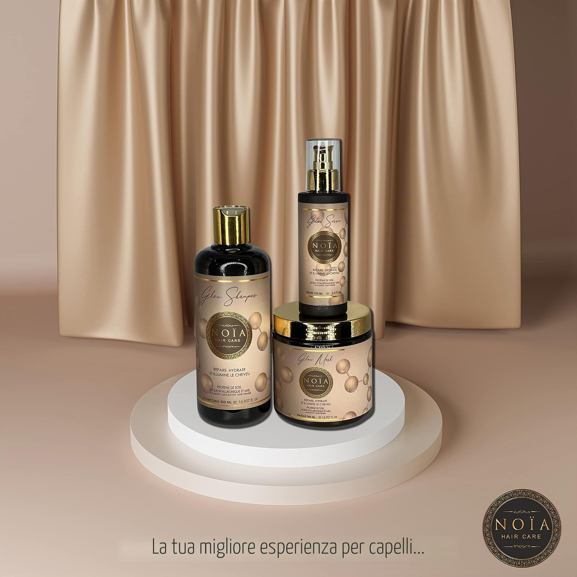 NOIA HAIR – Cofanetto Prestige – Routine capillare GAMME GLOW – Pack trio shampoo + maschera + siero proteina di seta, acido ialuronico e miele