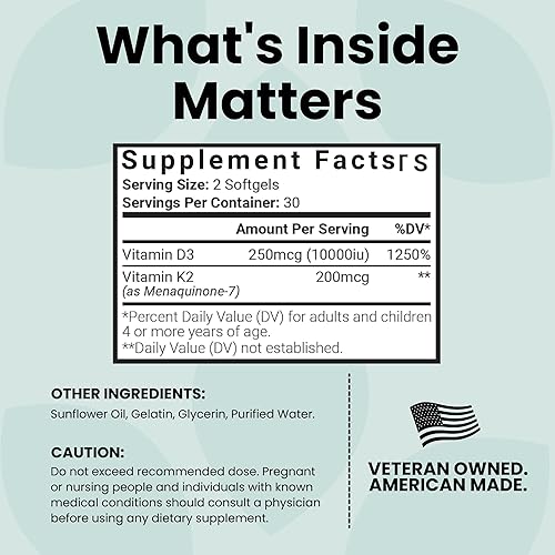 Miniatura 4 de Luma Nutrition Vitamina D3 + K2 10000 UI - Suplemento para la salud ósea y cardíaca - Apoyo inmunológico de máxima fuerza y absorción de calcio - 60