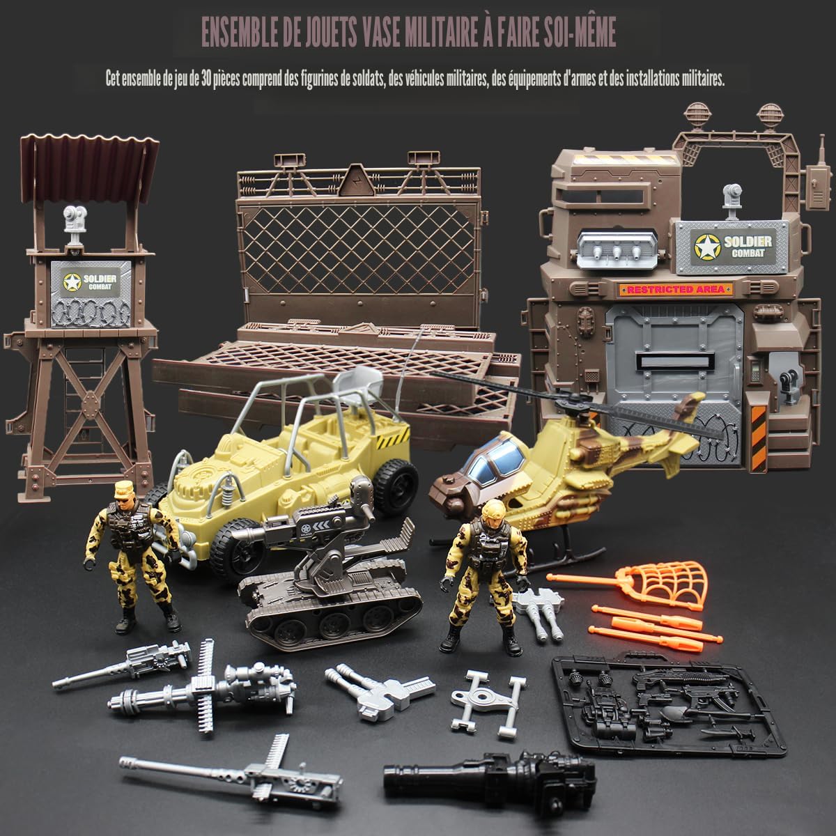 KAIM Ensemble Militaire – Hélicoptère, Char, Véhicule Tout-terrain + 4 Figurines Soldats Articulées – Cadeau Garçon