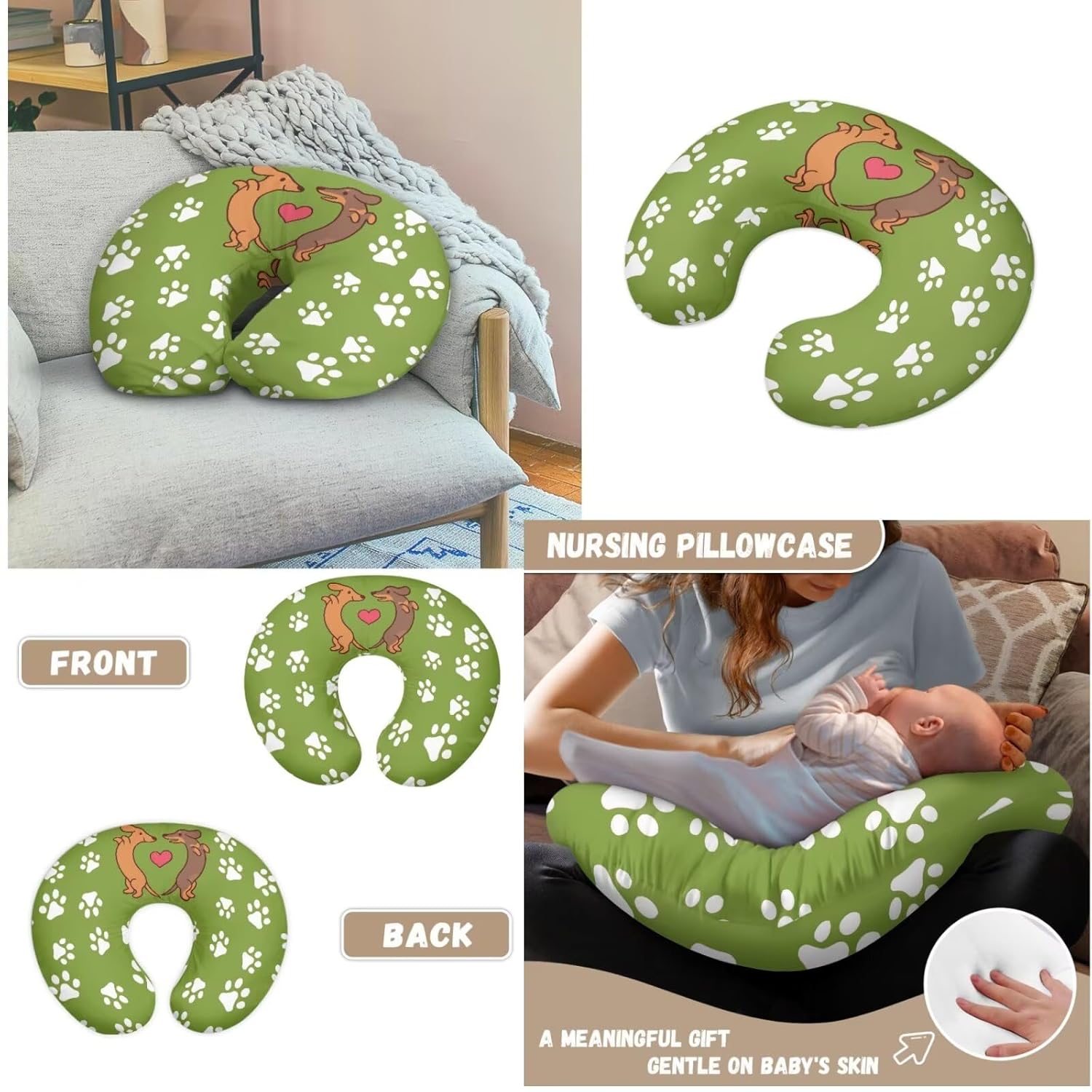 Green Newborn Lounger Cover & Baby Nursing Pillow Cover Set,Breastfeeding Nursing Pillow Case for U-Shaped Pillow,Cute Dog & Dog Paws Snuggle Lounger me Cover for Infant Baby Boys and Girls