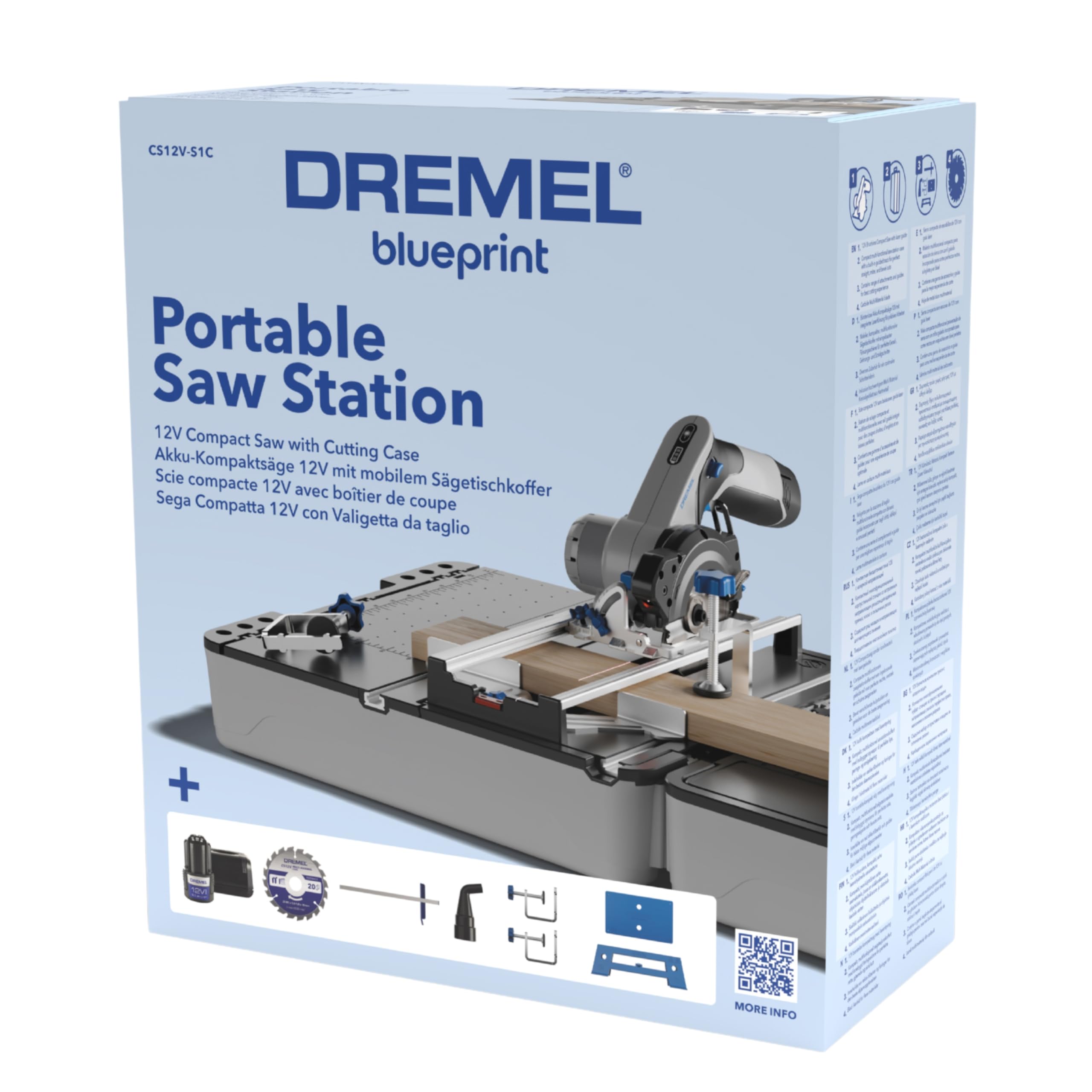 Dremel Blueprint Bürstenlose 12V Akku-Mobile Sägestation mit 1x Kompakt-säge, 1x Sägetischkoffer, 1x 2.0 Akku + Ladegerät, 1x Multi Material Kreissägeblatt, 2x Schraub-zwingen, Mehrere Schnitt-Arten