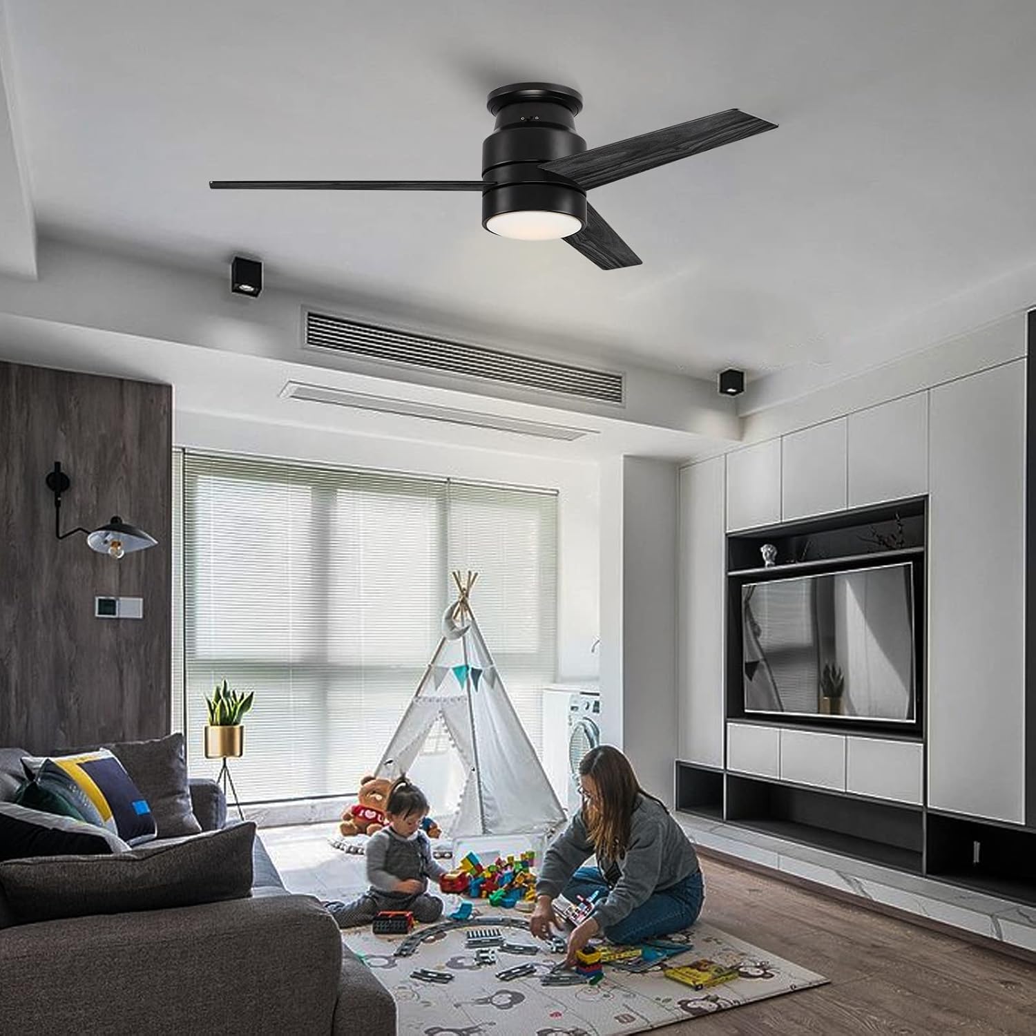 warmiplanet Flush Mount Ceiling Fan with Lights Remote Control, 52-Inch, Black(3-Blades), suit for Bedroom,Living Room, Office, Basement, Kitchen, Dining Room : Tools & Home Improvement