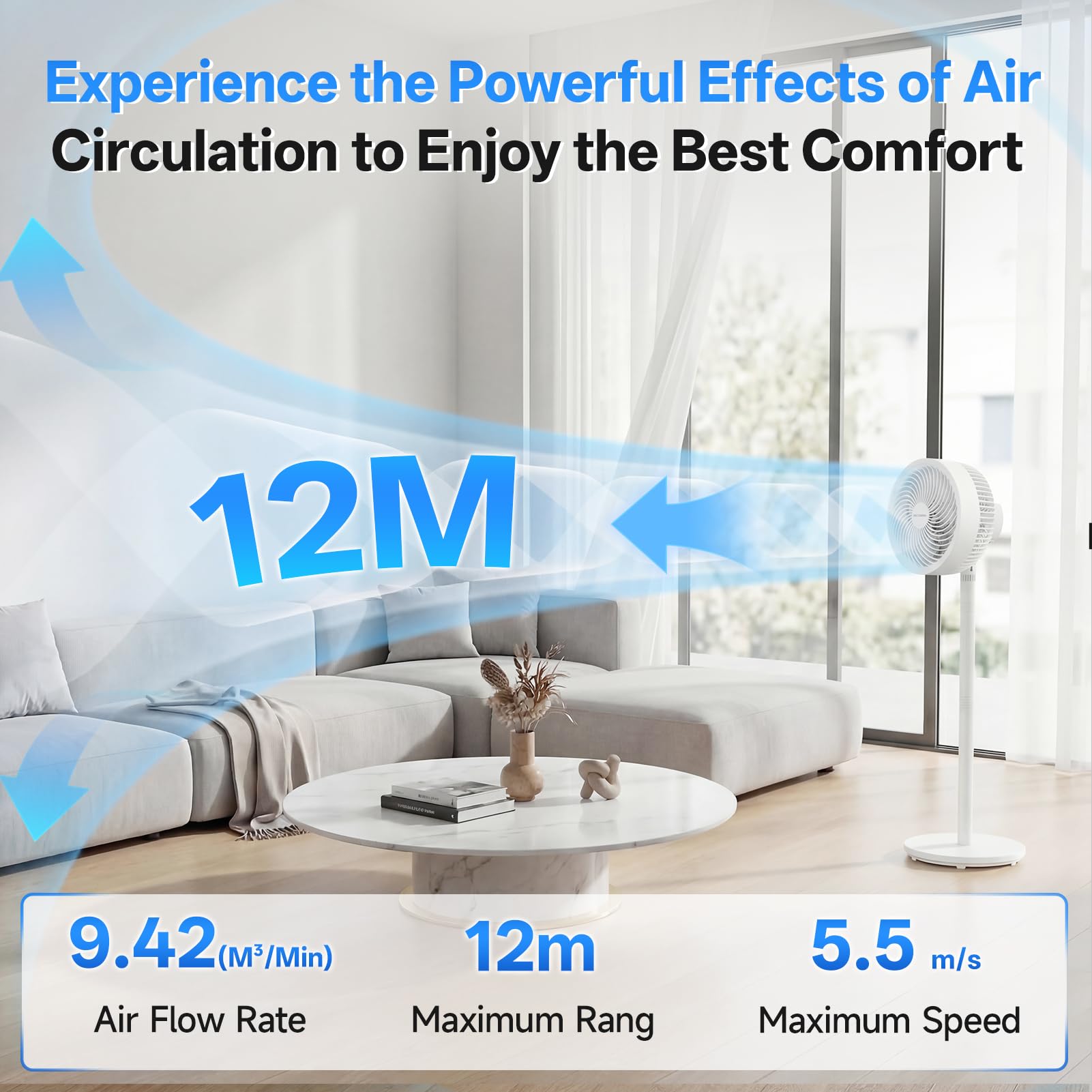 WOWDSGN Ventilateur 2-en-1 sur Pied & de Table, 3 Vitesses, Hauteur Réglable 36,8–106 cm, 38W Moteur Puissant à 5 Pales, Circulation d'Air pour Chambre