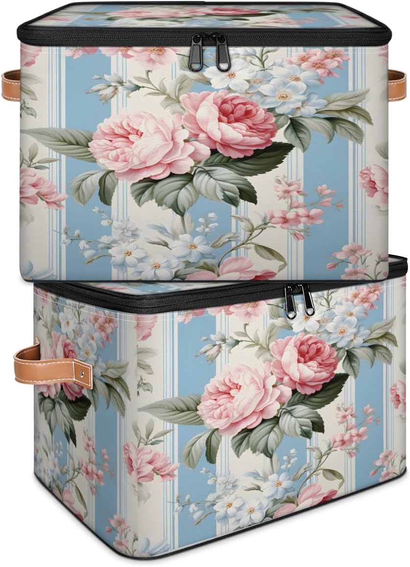 Storage Bin Set of 2 Rose Stripes Storage Basket with Zipper Lid & Handle Foldable Closet Shelf 2 Pack Cloth Organizer Basket Cube Bins Clothes Organizer for Nursery, Bedroom