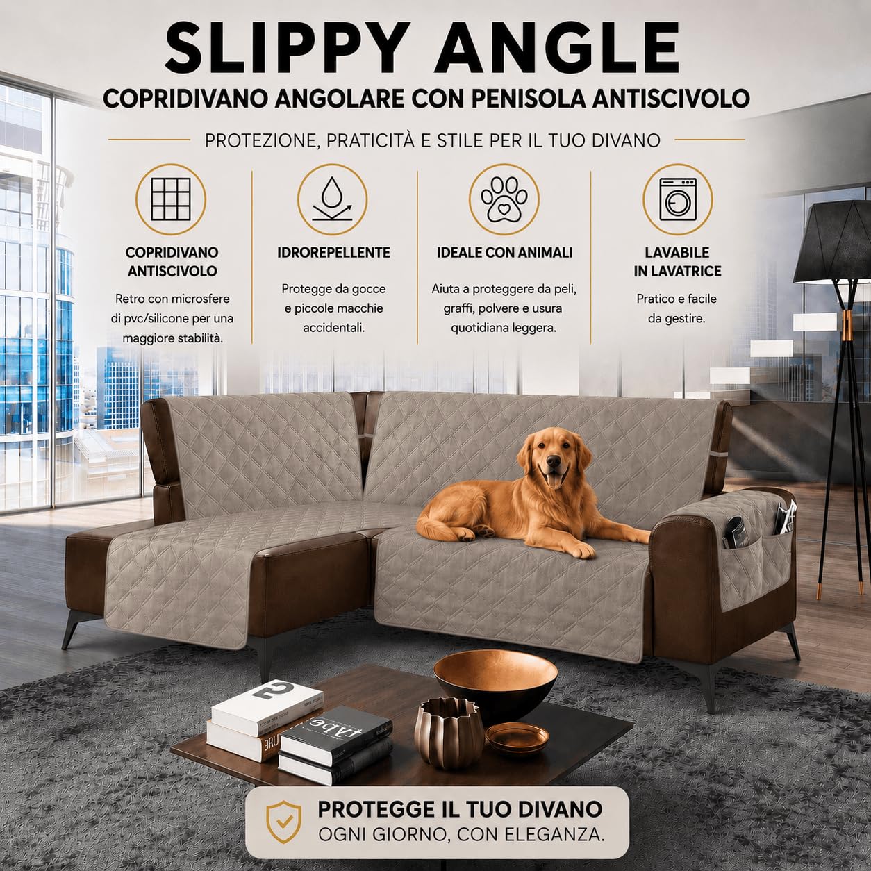 la biancheria di casa - Slippy Angle - Copridivano angolare con penisola antiscivolo destra o sinistra, microfibra trapuntata OEKO-TEX, per divano 2 e 3 Tortora,195cm-Sinistra