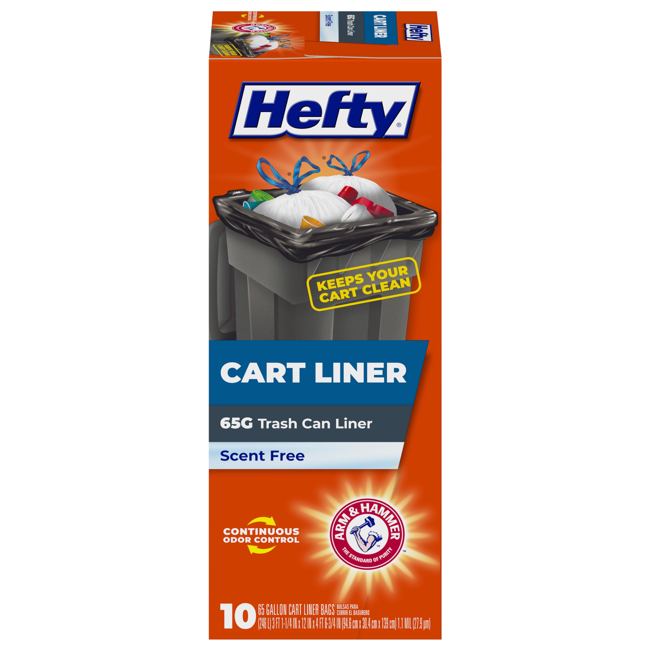 Hefty Cart Liner Trash Bags, 65 Gallon, 10 Bags (Scent Free, ARM & HAMMER Odor Control, Drawstring)