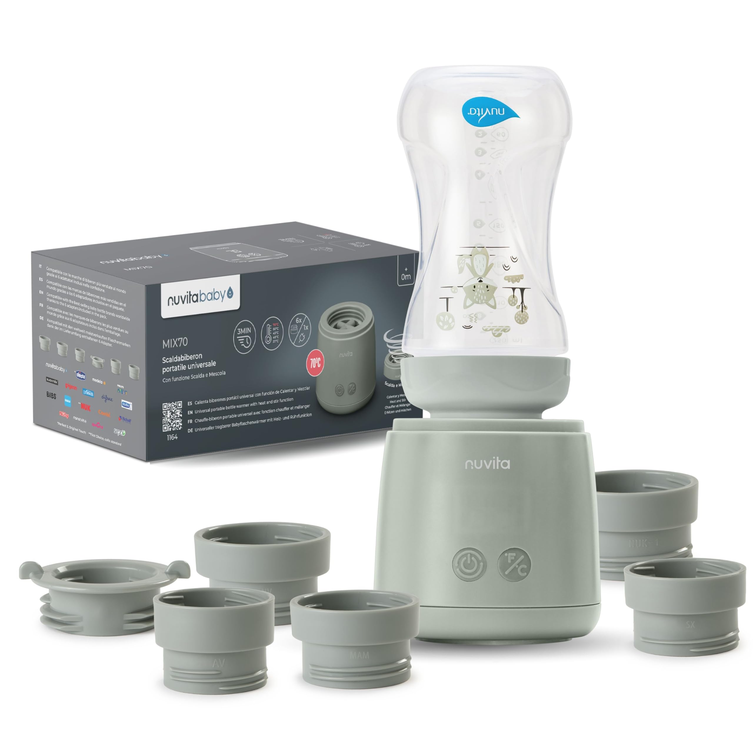 Nuvita 1164 Mix70 Tragbarer Flaschenwärmer mit Mischfunktion, 5 Temperaturen bis 70°C, Universal mit 6 Adaptern inklusive, Wiederaufladbarer Akku, LED-Display, BPA-frei