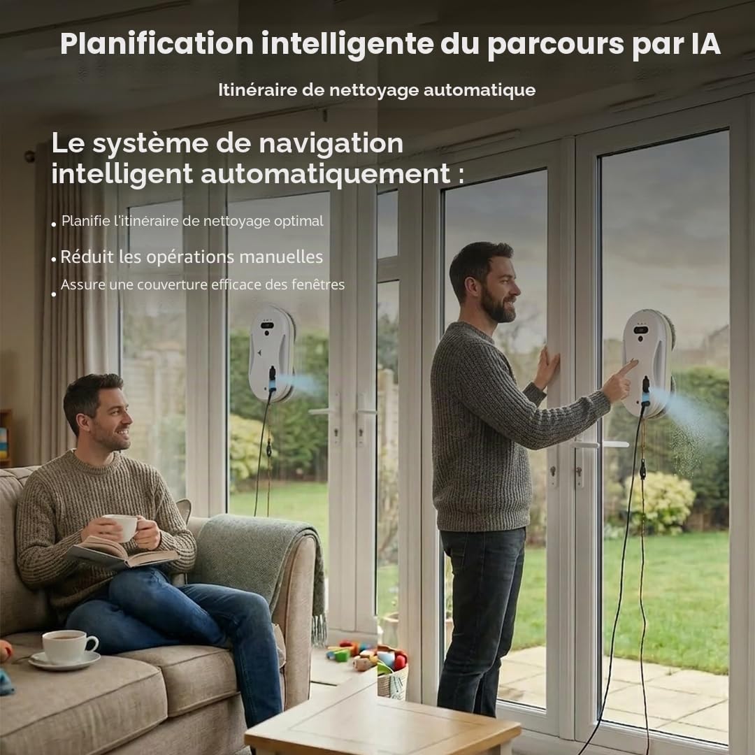 Robot nettoyeur de vitres intelligent avec aspirateur 5600Pa, robot de nettoyage automatique de vitres intelligent avec détection des bords, système de corde de sécurité et télécommande pour fenêtres