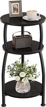 Round Side Table, 3 Tier Slim Round Coffee Table, Small End Table with Storage Shelf, Bedside Table, for Living Room, Bedroom, Small Space, Metal Frame, Vintage, 30 x 55 cm Black