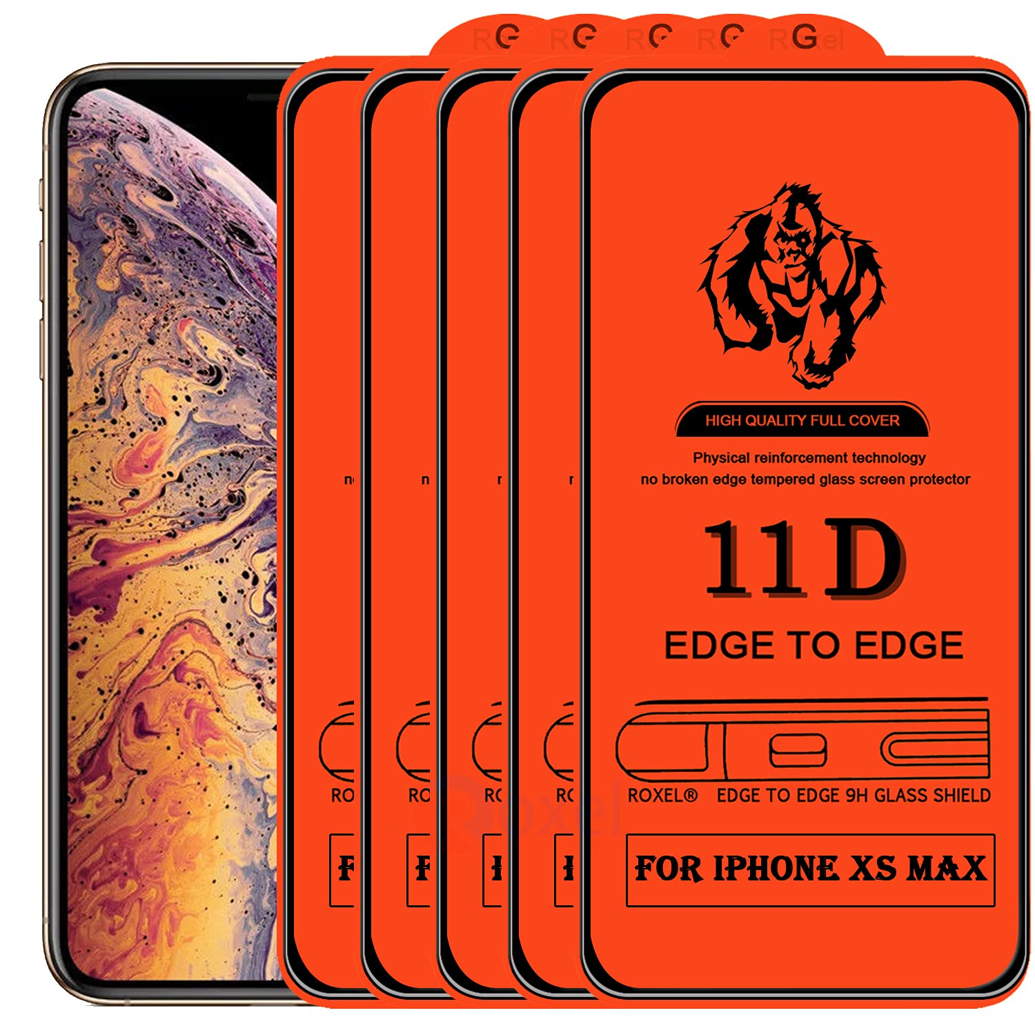 Roxel11D Tempered Glass Screen Protector Compatible for IPhone XS Max (Pack Of 5) with Full Screen Coverage (edge to edge) and Easy Installation kit [5 Pack|Black|Gorilla Tempered]