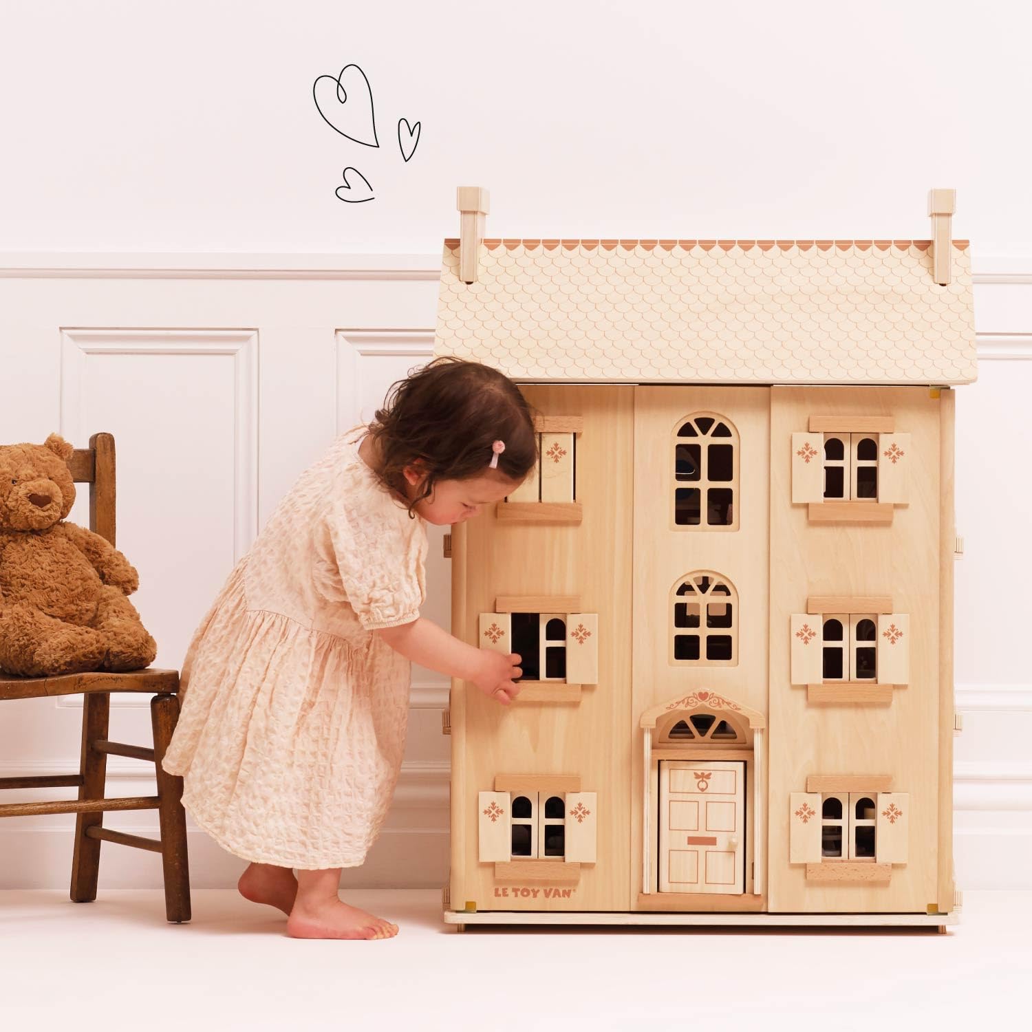 Casa delle Bambole in Legno Naturale FSC - 4 Piani con Finestre e Porte Apribili - Gioco di Ruolo e Fantasia per Bambini