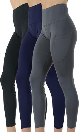 Kuda Moda 3-Pack Women's High Waist Yoga Leggings with Two Side Pockets Sports Legging Pants