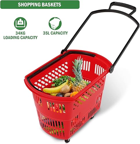Miniatura 2 de Cesta de compras de gran capacidad con asas, cestas de compras de plástico duradero de 35 litros con ruedas, cesta de comestibles portátil para