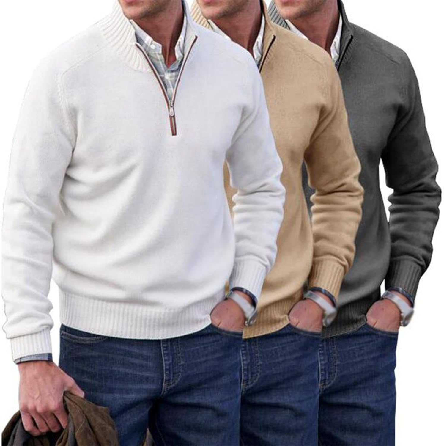Suéter básico con Cremallera para Hombre, cárdigan de Manga Larga con Cuello Alto Ligero y Ajuste Delgado con Cremallera de un Cuarto (4X-Large,Apricot)